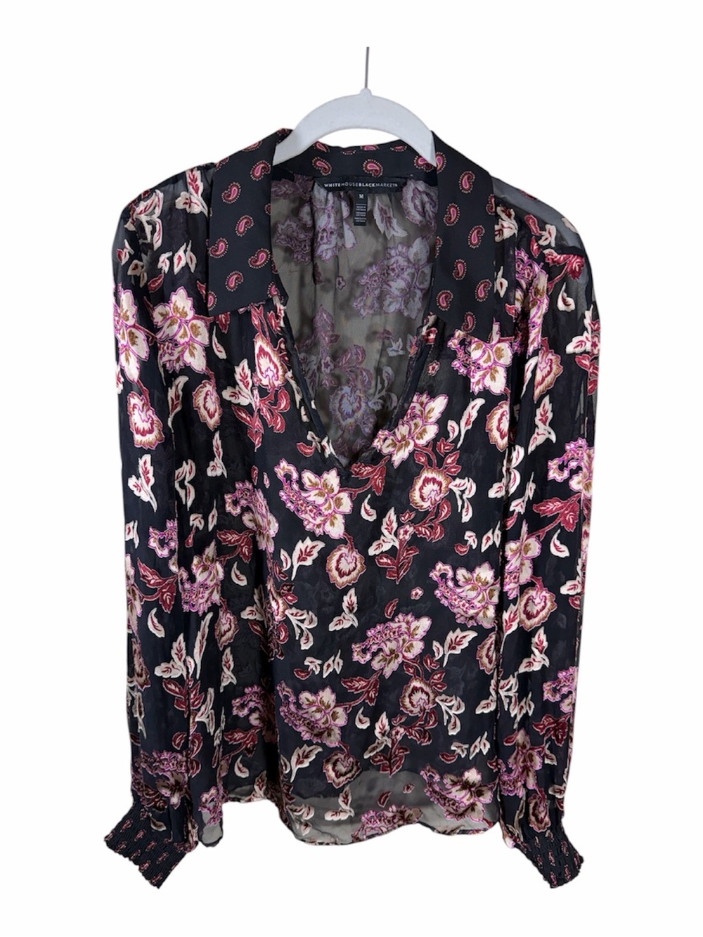 White House Black Market Black Floral V-Neck Blouse with Pink Accents